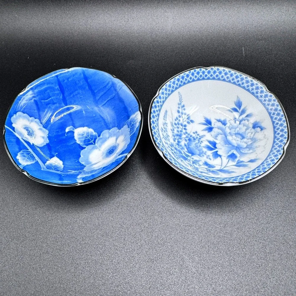 Takahashi San Francisco Blue White Floral‎ Porcelain Bowls Scalloped Vintage Set